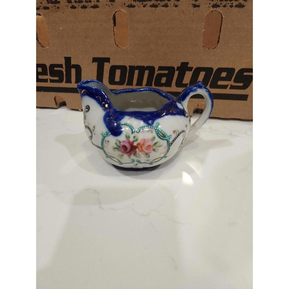 Nippon Creamer 4” Tall Hand Painted Flower Cobalt Gold Floral